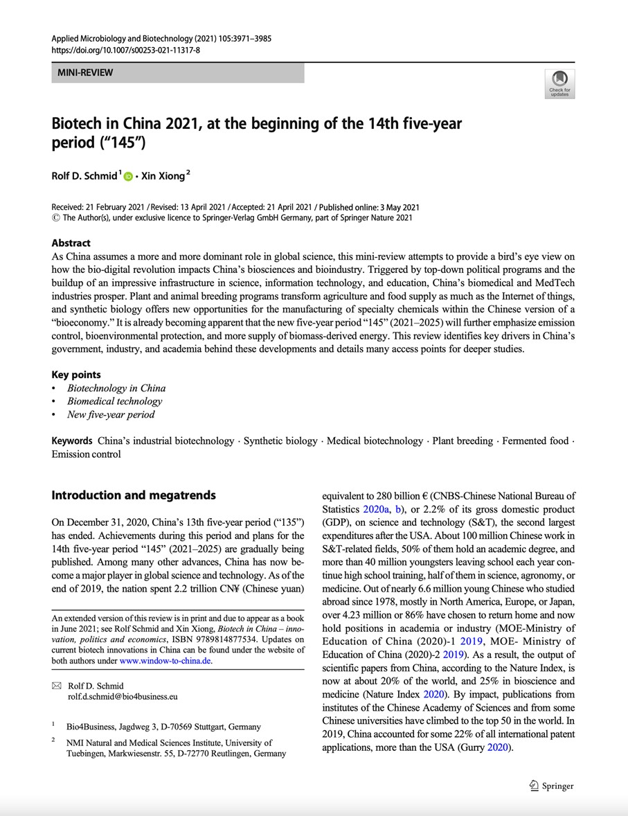 Mini Review of Biotech in China 2021, by Schmid and Xiong published in Applied Microbiology and Biotechnology